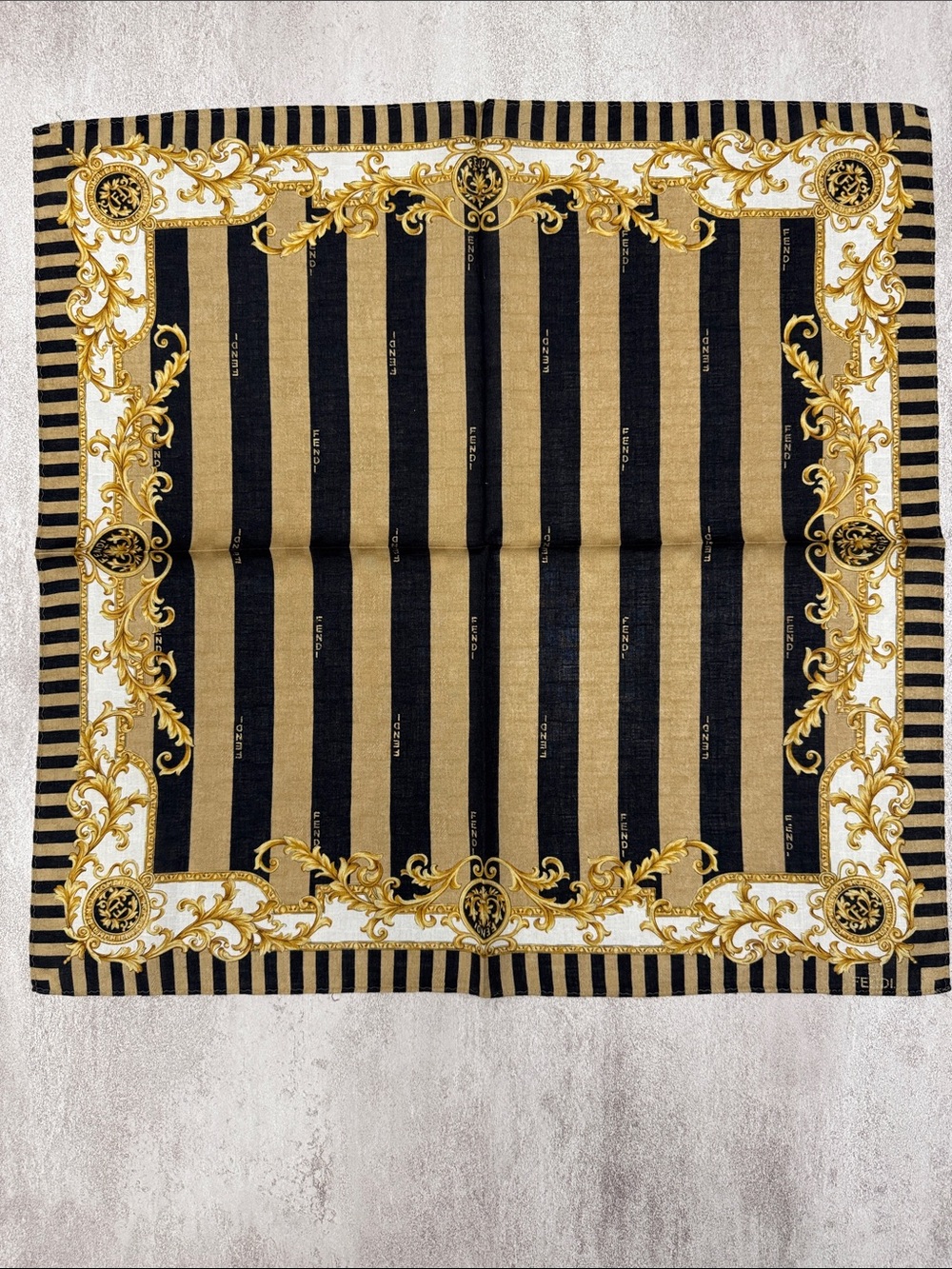 Fendi Black Gold Striped Baroque Pocket Square
